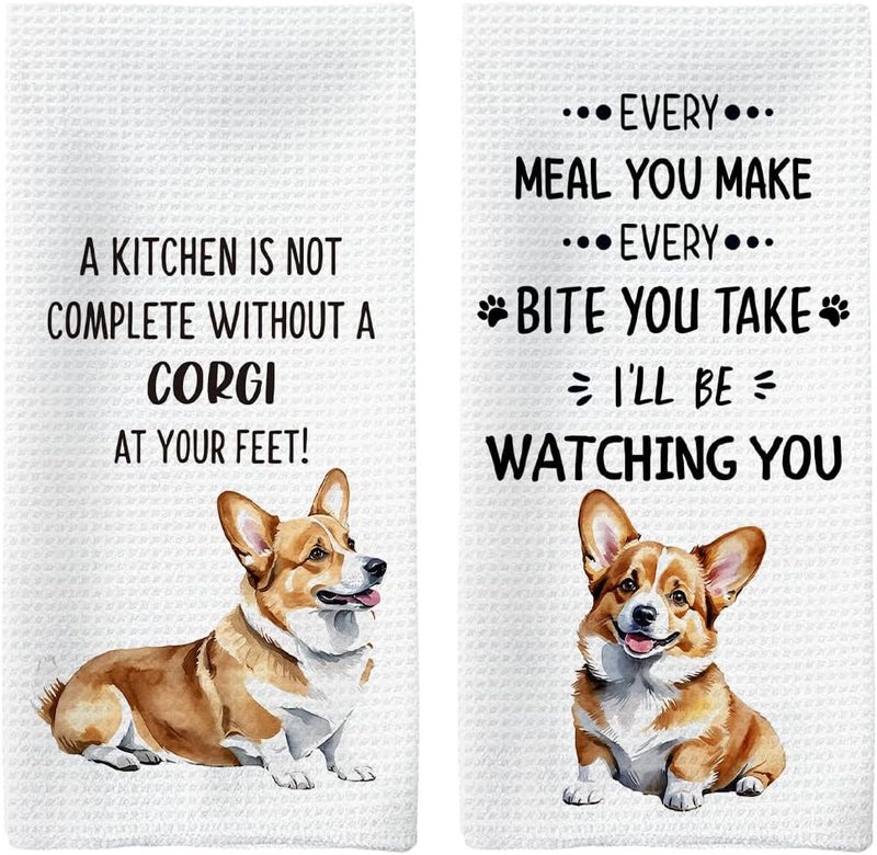 Tzhim Corgi Gifts Kitchen Towels Set of 2, Corgi Gifts for Corgi Lovers Women, Corgi Dog Dishcloths Dish Towels Tea Towels for Kitchen, Corgi Dog Hand Towels, Dog Kitchen Decor, 16x24inch - Image 1